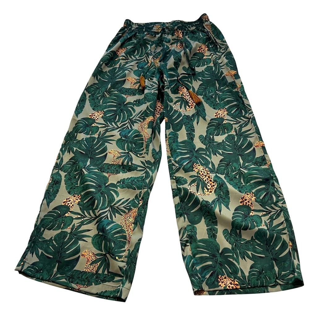 World Market Womens Tropical Leopard Print Wide Leg Pants Green S/M 611480